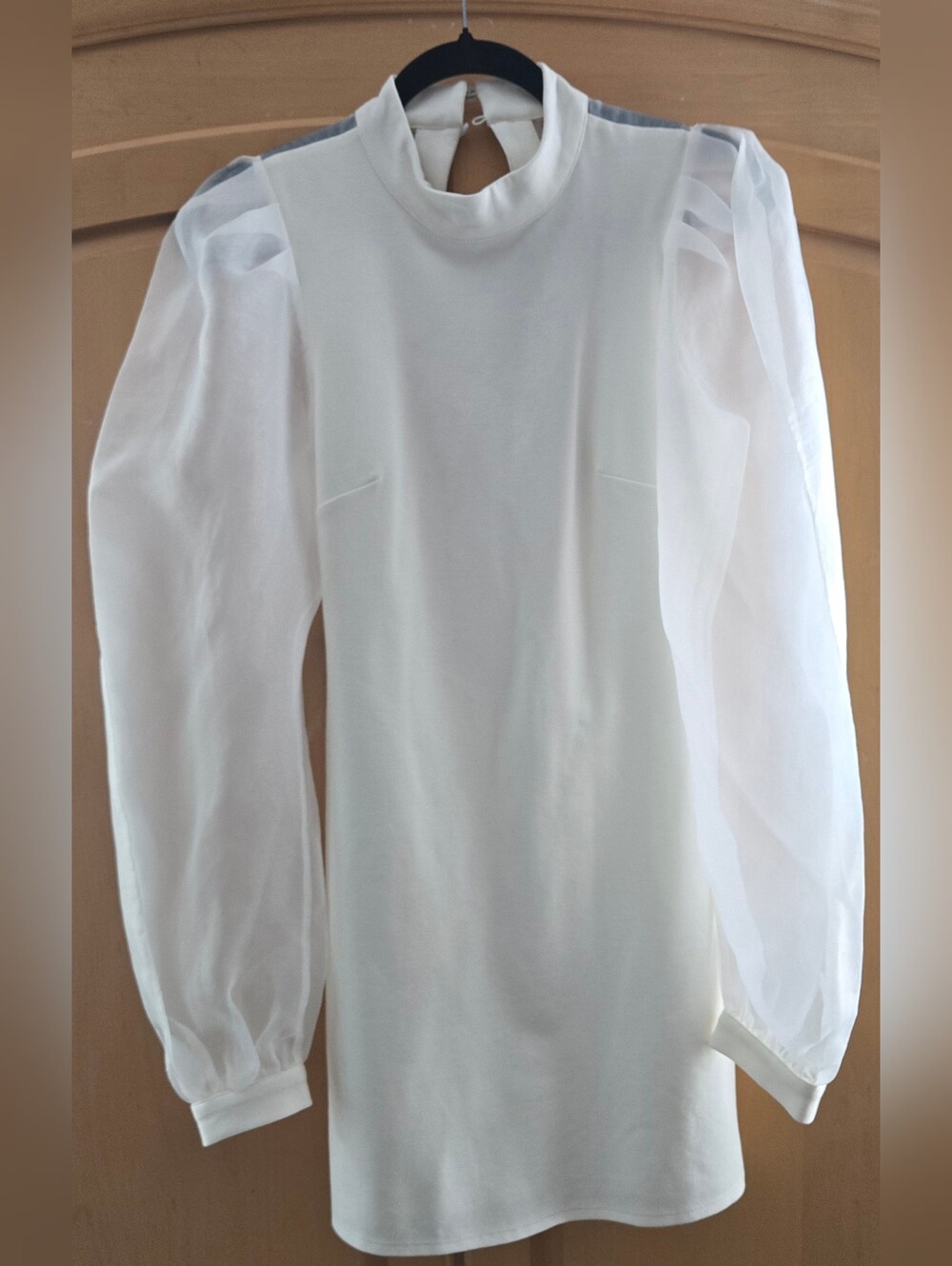 NBD White Mock Neck Long Sleeve Puff-Sleeve Mini Dress